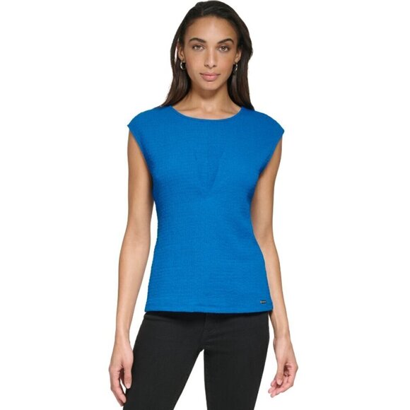 Calvin Klein Tops - CALVIN KLEIN Cap Sleeve Pleated V-Bodice Textured Blue Blouse NWT